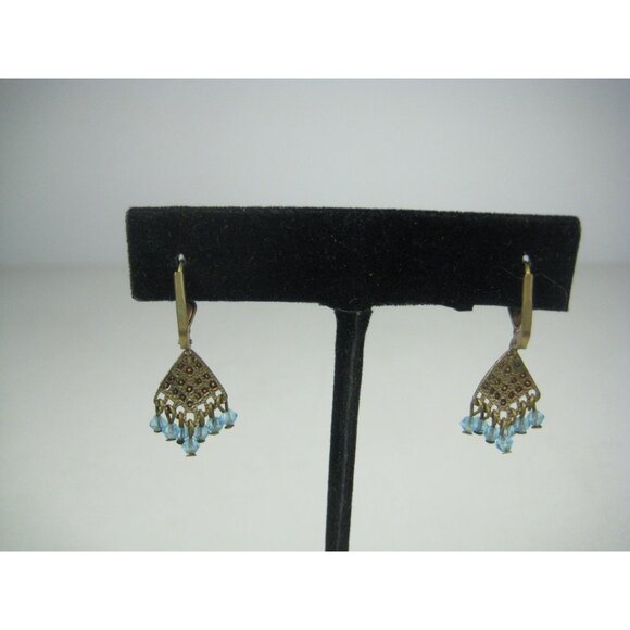 Vintage Blue Rhinestone Bead Dangle Earrings Chandelier Boho Victorian Style - Picture 6 of 7